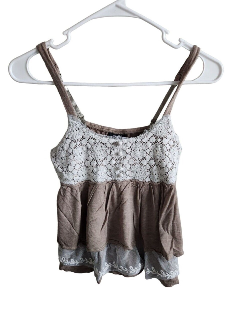 Vintage Y2K Rue 21 Womens Sz S Cropped Ruffled Tank Top Crochet Brown White - Picture 1 of 3